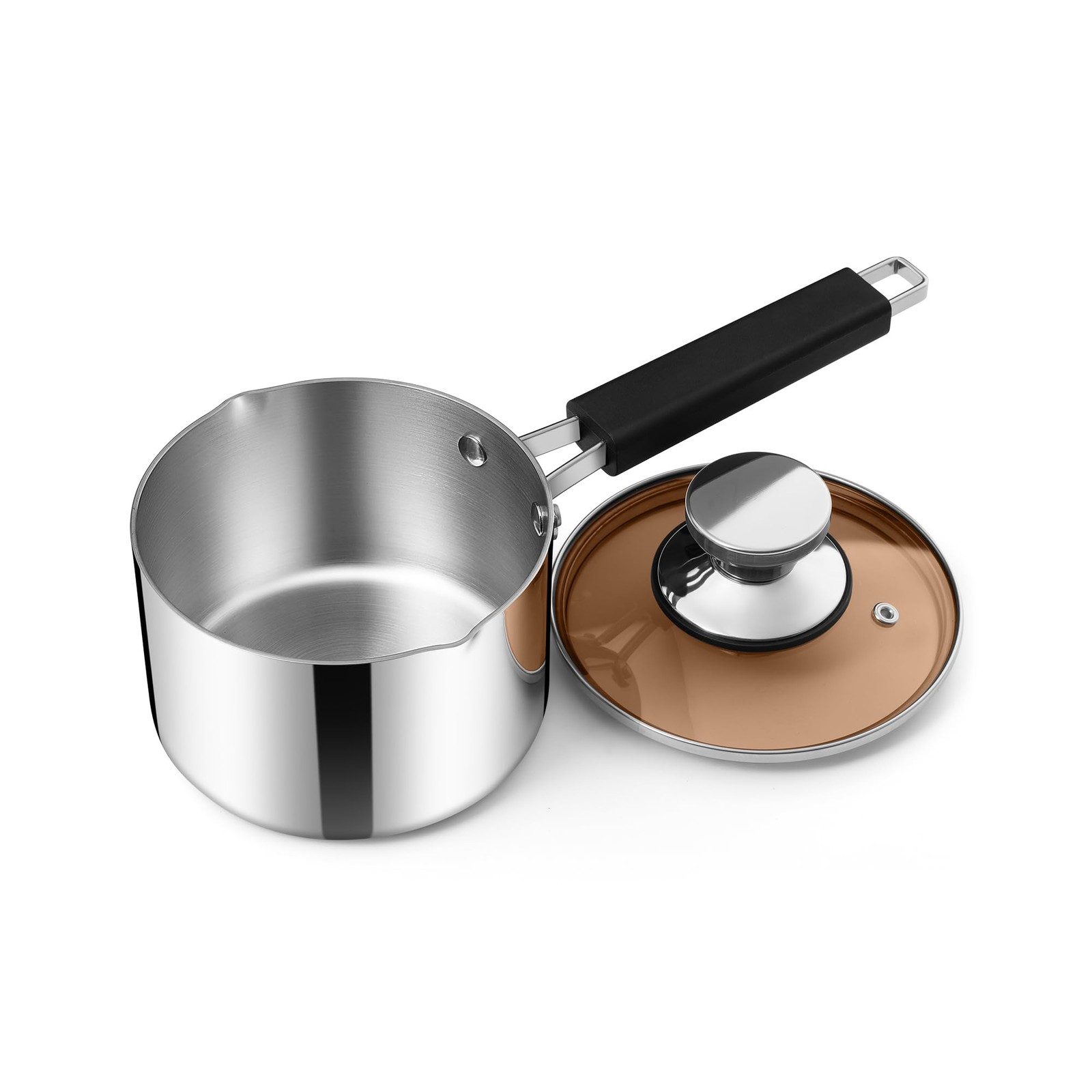 E-far 1 Quart Sauce Pan with Lid, Stainless Steel Tri-Ply All 1 Quart, Silver