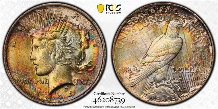 1924 Silver Peace Dollar Pcgs Ms63 Monster Toned