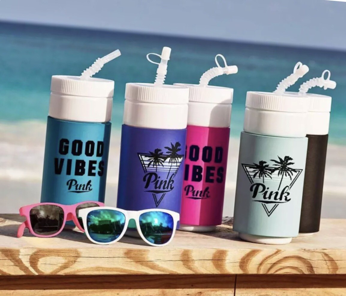 NWT Victoria's Secret PINK Water Bottle & Opener Sunglasses Blue Black Seafoam