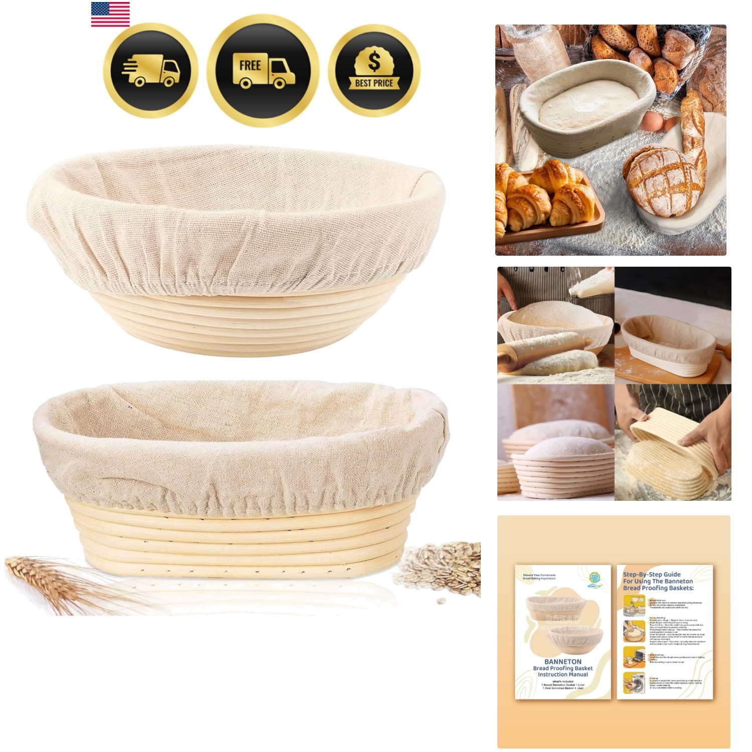 Bread Proofing Basket Set 2 Pack Rattan Sourdough Baskets for Baking
