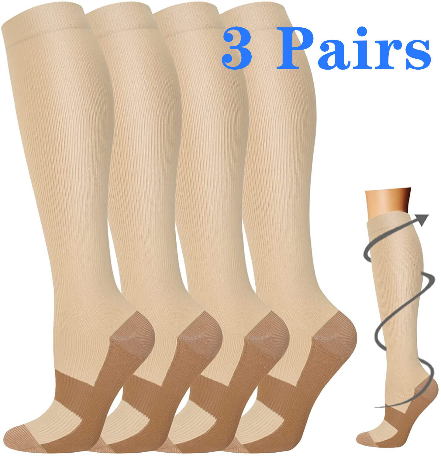 3 Pairs Compression Socks (8-15mmHg) Moisture Wicking Support Stocking S-XXL
