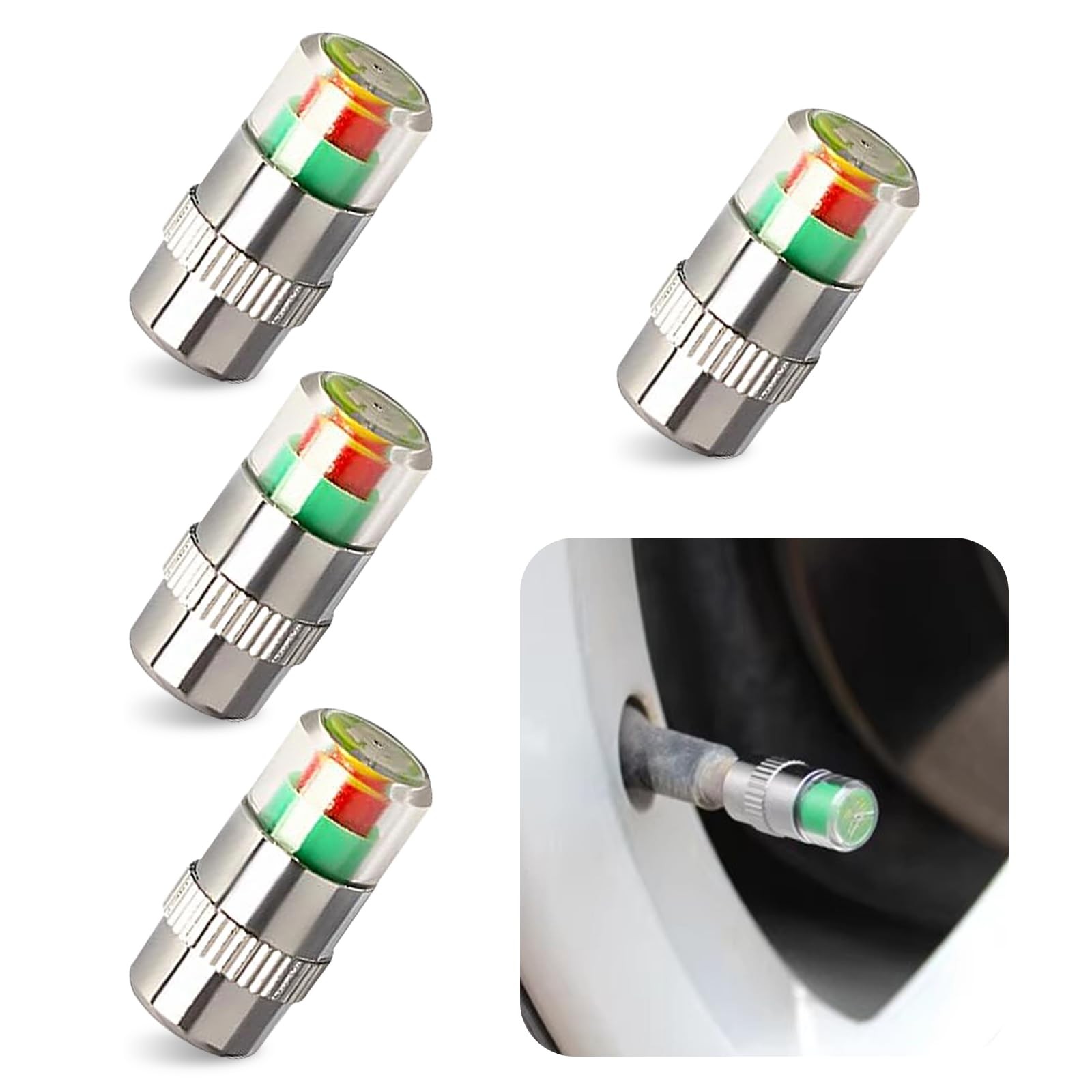 MOXRUQ 4 PCS Car Tire Pressure Monitor Valve Stem Caps, 2.4Bar 4 PCS, Silver