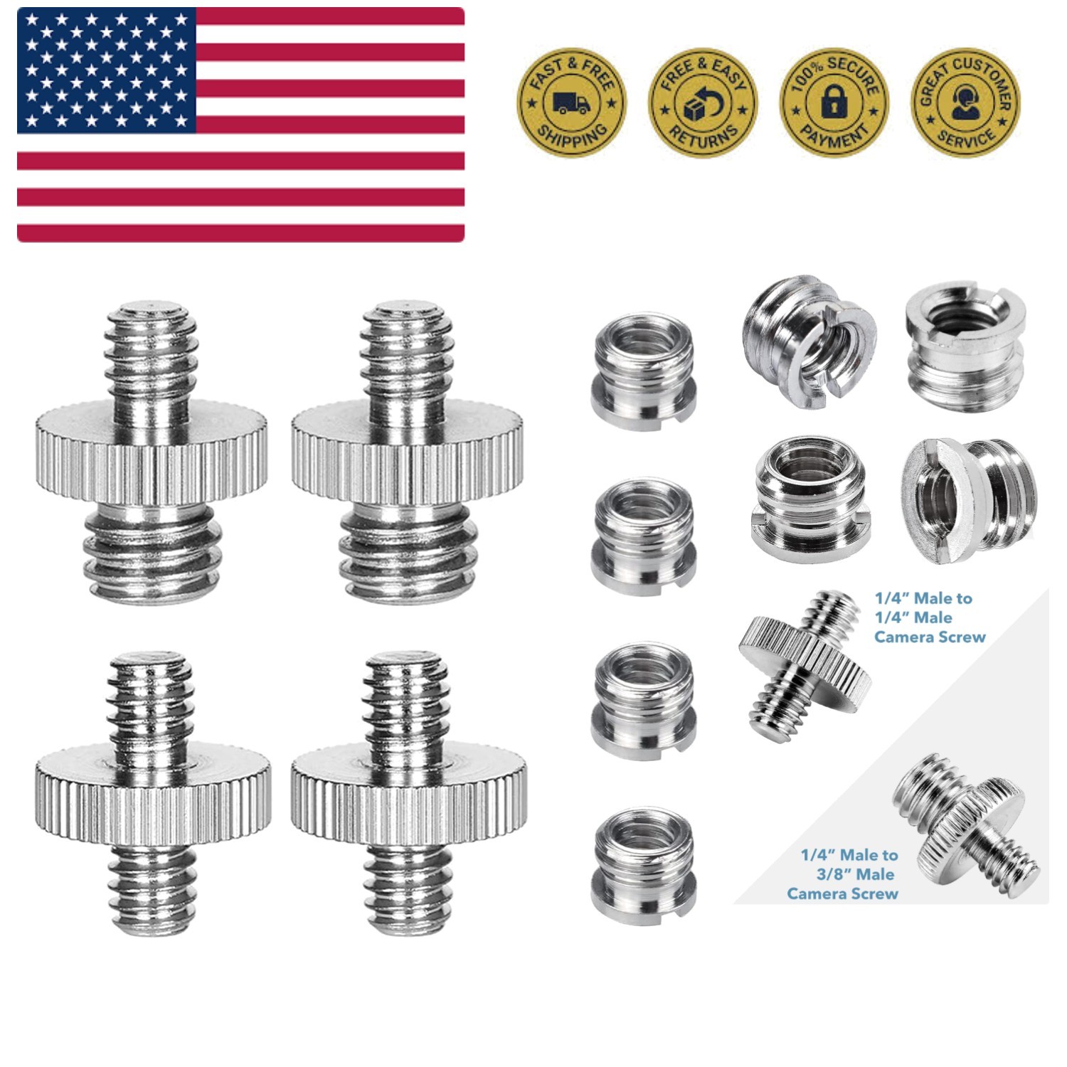 8PCS 1/4 Inch to 3/8 Inch Male Camera Screw Mount Adapter, 1/4 in to 1/4 in T...