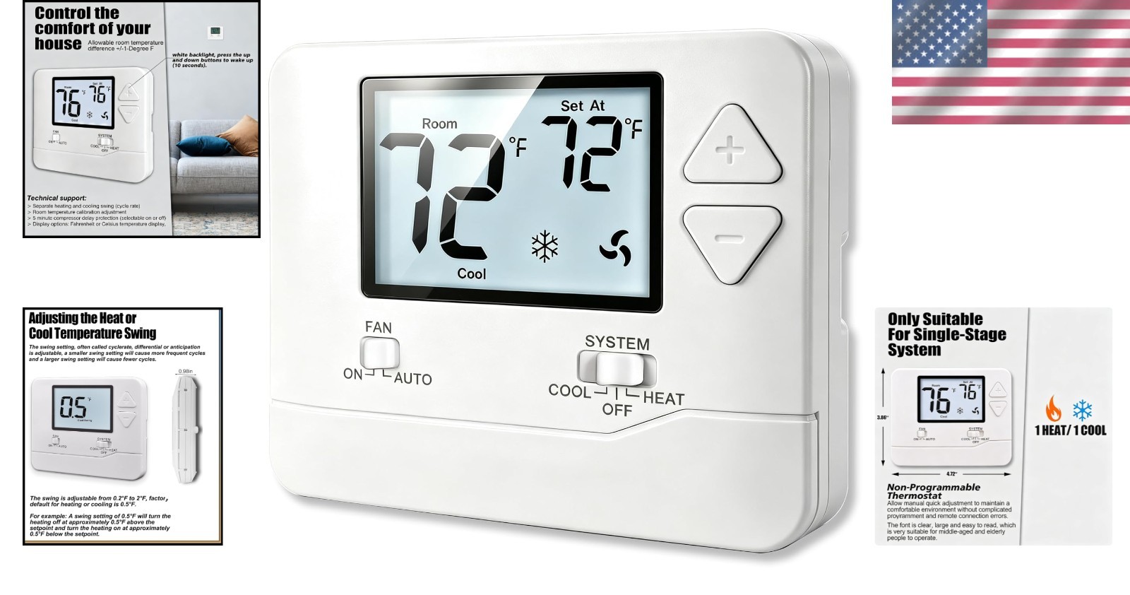 1H/1C Manual Thermostat with Backlit Display—Energy Efficient Control