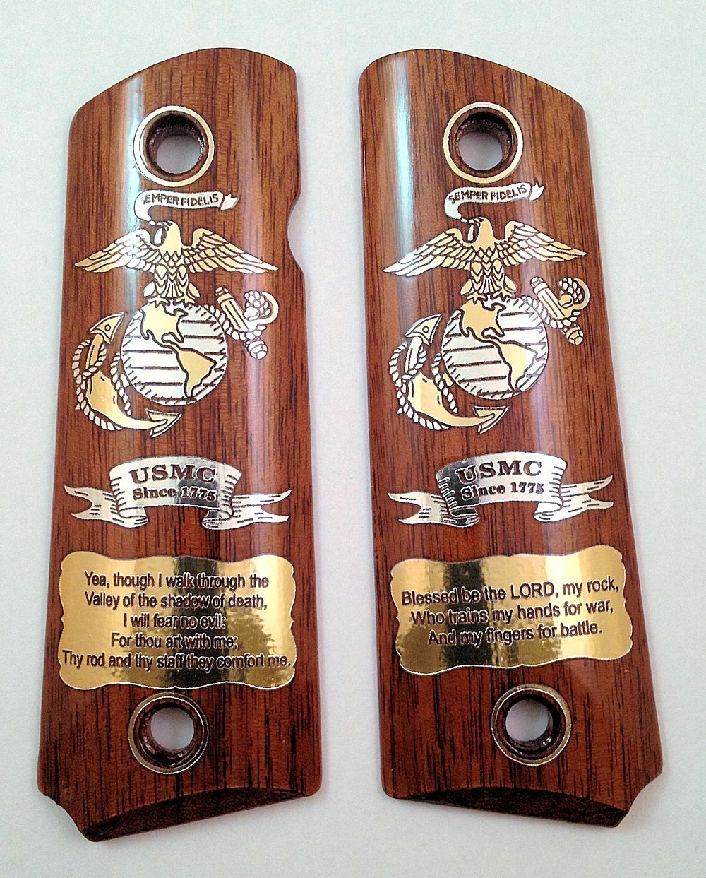 Colt 1911 custom engraved wood grips gold silver marines Semper Fidelis