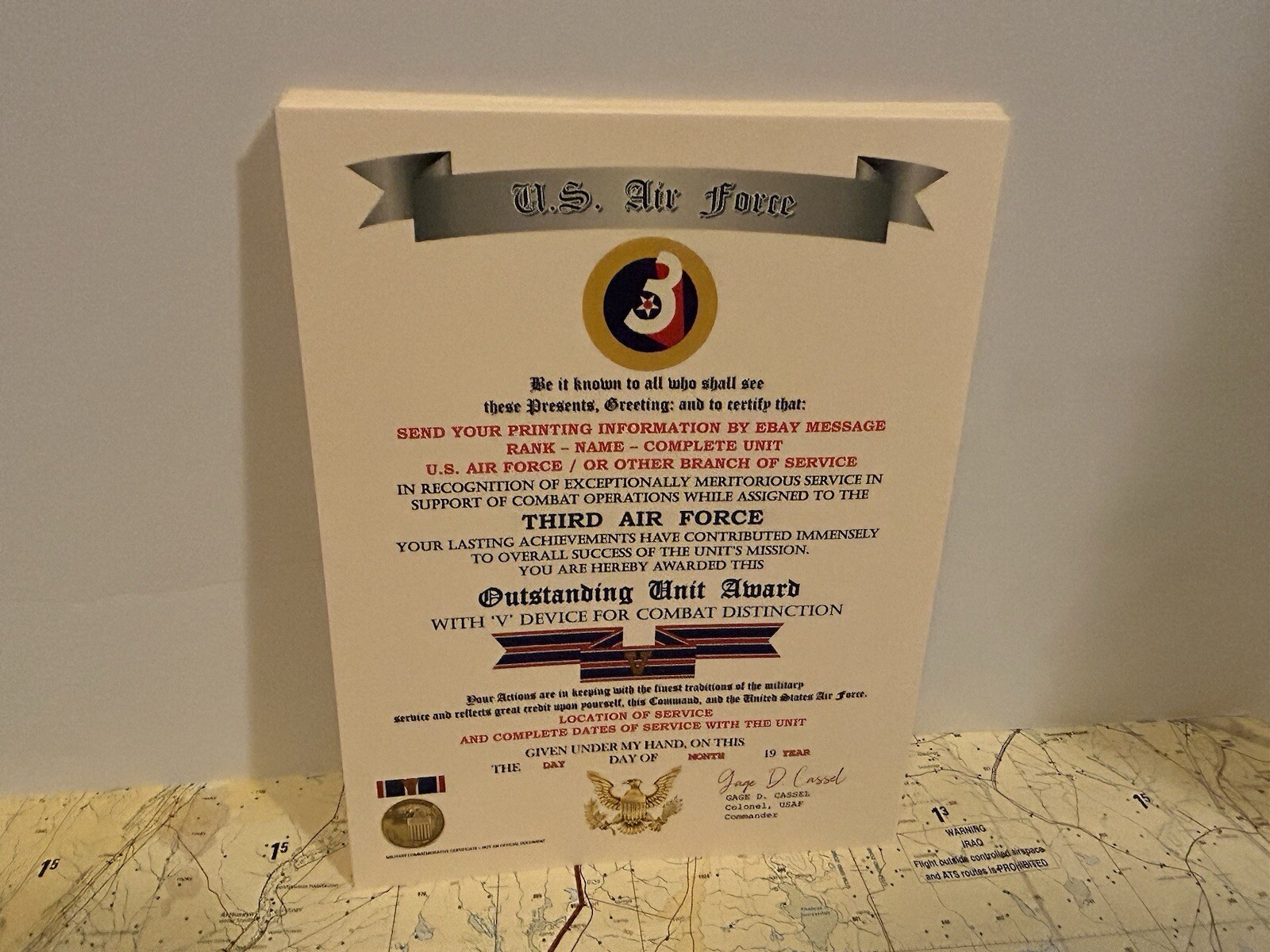 U.S. AIR FORCE / 3RD AIR FORCE - OUTSTANDING UNIT AWARD W/V DEVICE CERTIFICATE