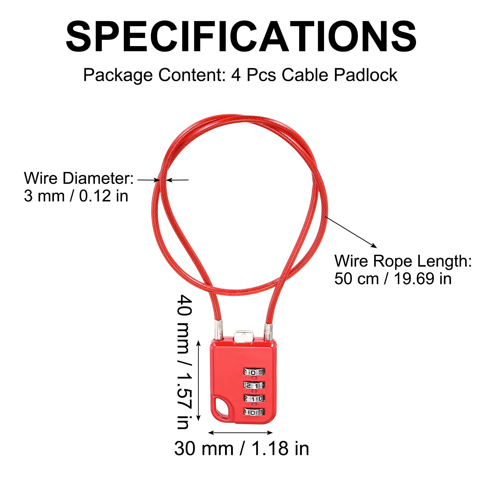 4Pcs Combination Cable Padlock with 19.7" (50cm) Flexible Cable, Red