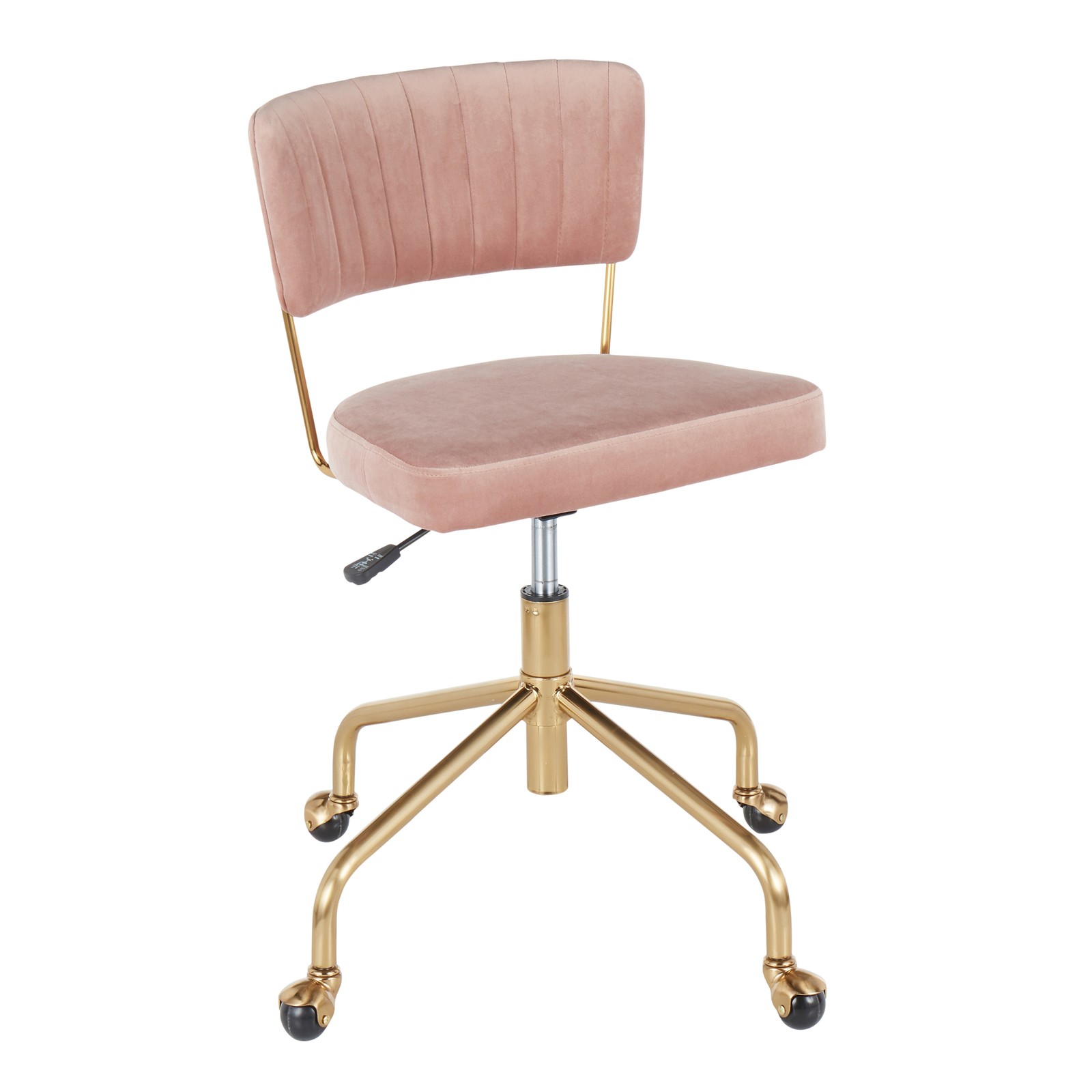 Contemporary Task Chair, Gold Metal Pink Velvet Office Chair with Wheels