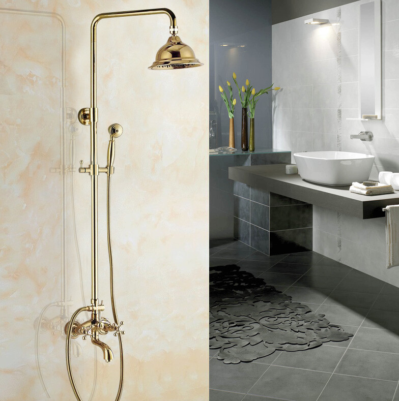 Wall Mount Golden Brass Bathroom Rainfall Shower Faucet Set Tub Mixer Tap 2gf446