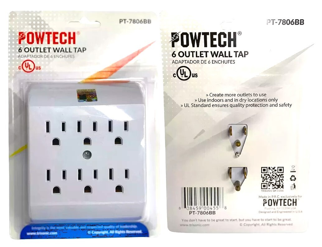 3 Pack 6 Outlet Grounded Electrical 6-Way Wall Plug AC Power Splitter Adapter
