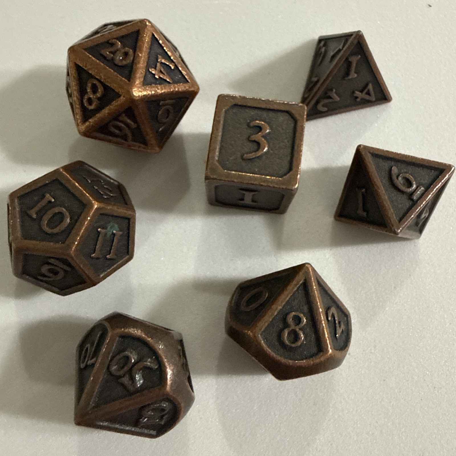 Lot of 7 Bronze metal D&D Dungeons and Dragons polyhedron dice