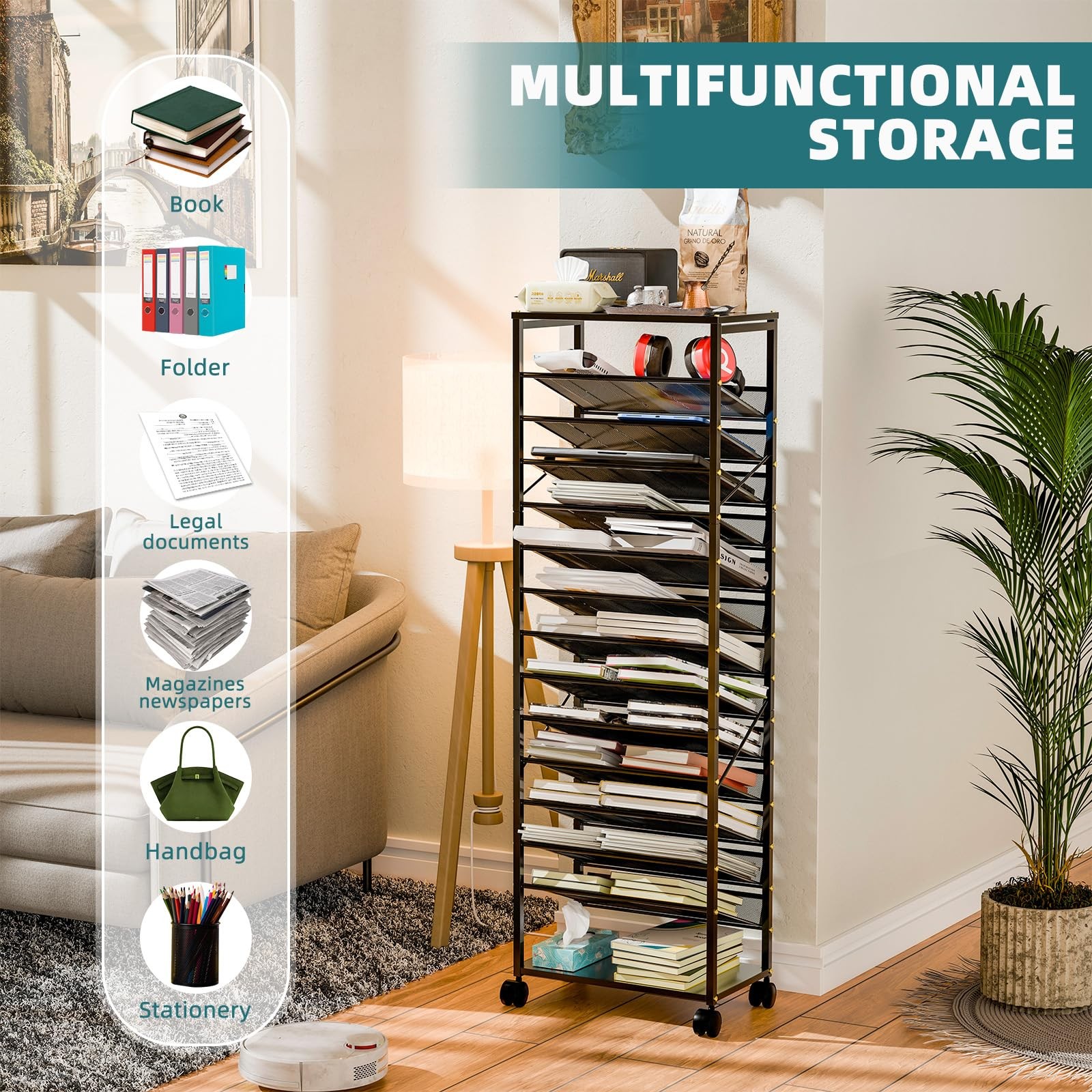 15 Tier Rolling File Cart, Sturdy and Durable Desk File Organizer with Metal ...