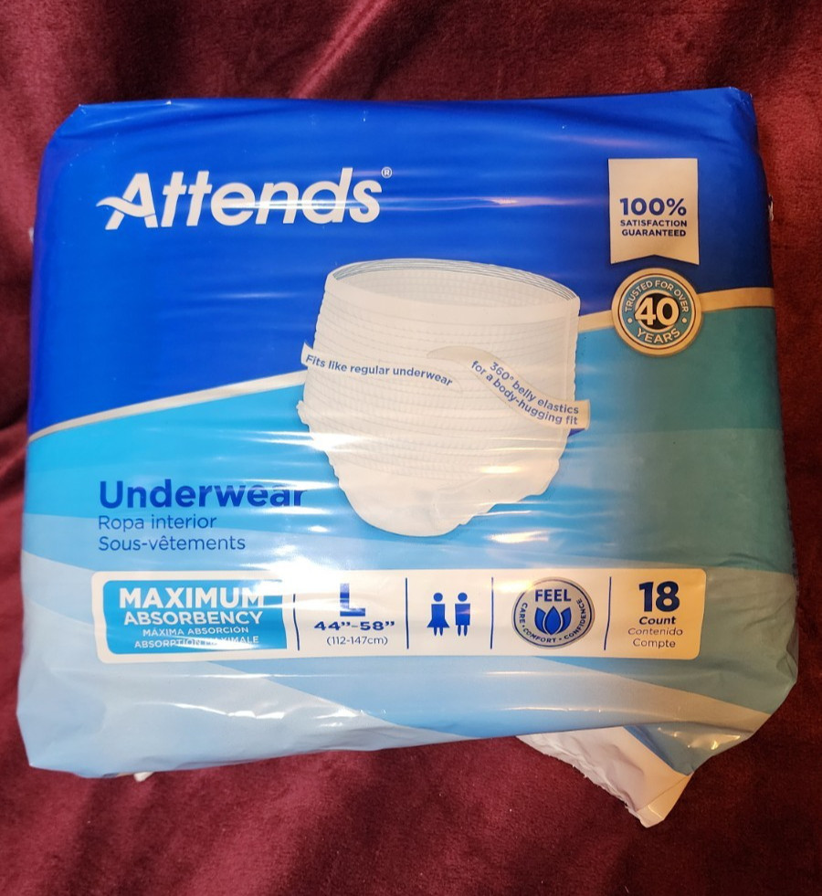 ATTENDS Adult Underwear Diapers Pull Ups LARGE 44"-58" Maximum Absorbency 18 Ct