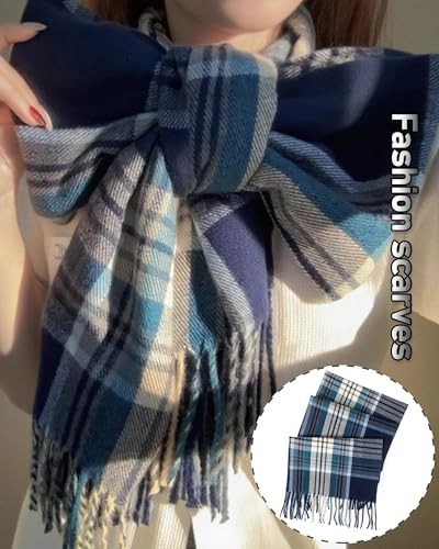 Long Plaid Scarf for Women Men Winter Fall Warm Tassels 71“*14.6" Blue Plaid