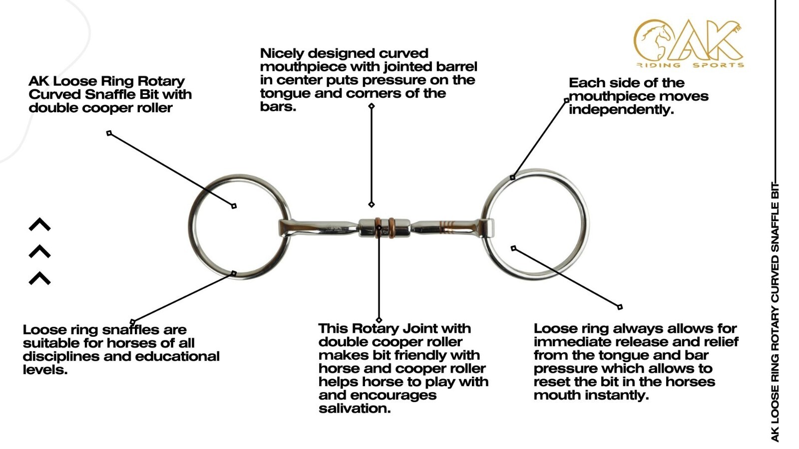 AK Loose Ring Rotary Curved Snaffle Horse Riding Bit with Double Cooper Roller
