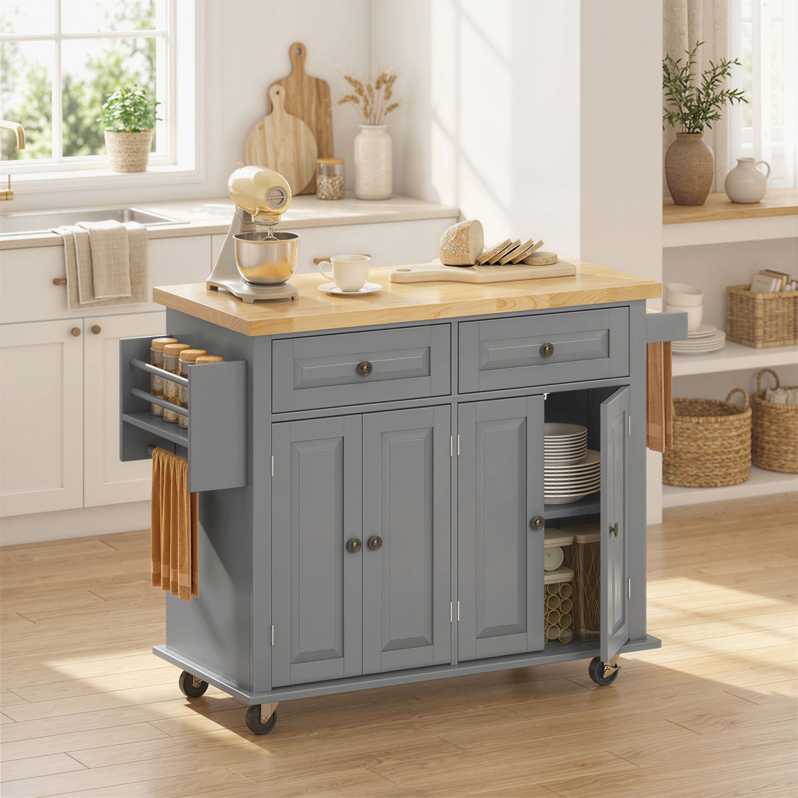 Rolling Kitchen Island Cart with Rubber Wood Top, Spices, and Towel Rack