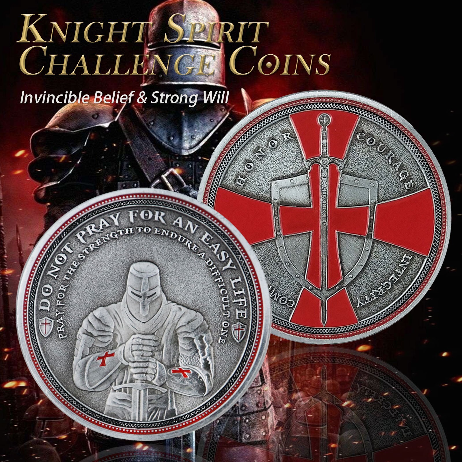Knights Templar Challenge Coin Medieval Red Cross Sword Christian Faith Token