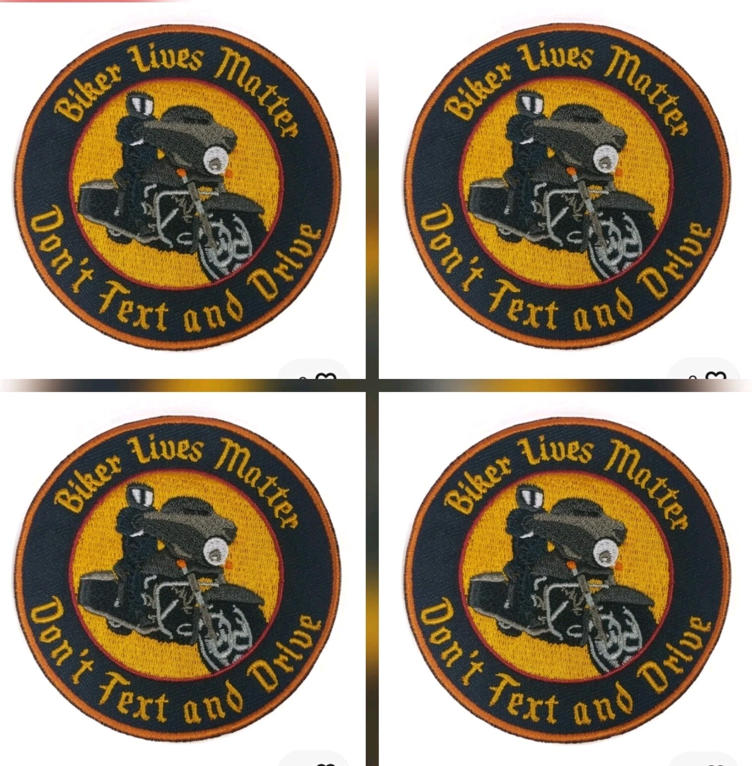 4x Biker Lives Matter Don't Text and Drive Embroidered 3" Orange Biker Patch