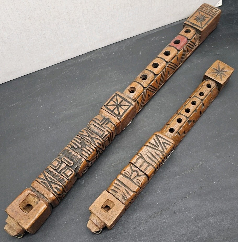 Hand Carved Wooden Tarka Flute South American 19" & 13” Peru Totem Vtg 70s