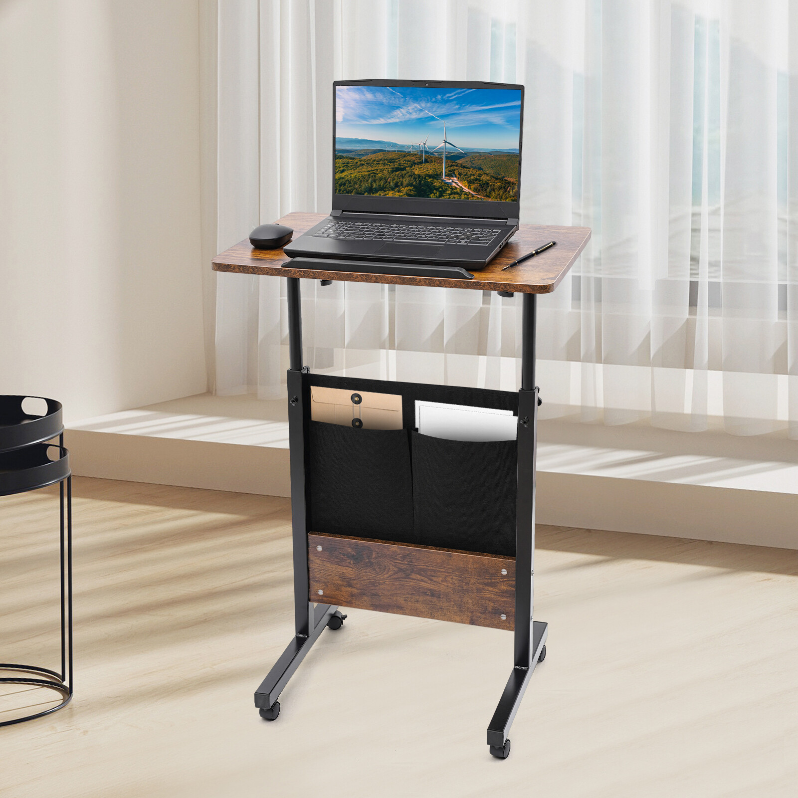 Adjustable Standing Desk, Portable Laptop Desk, Rolling Computer Stand, Brown