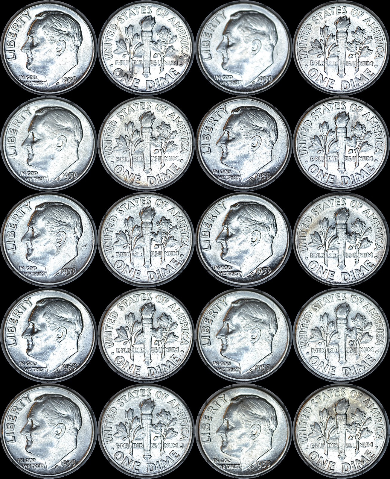 1959 P Roosevelt Dimes. 10 Coin Set. 90% Silver.