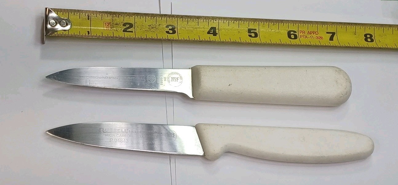 2 Vtg Paring Knives W/ White Handles Russell P94843, Mundial 5601-3.25"
