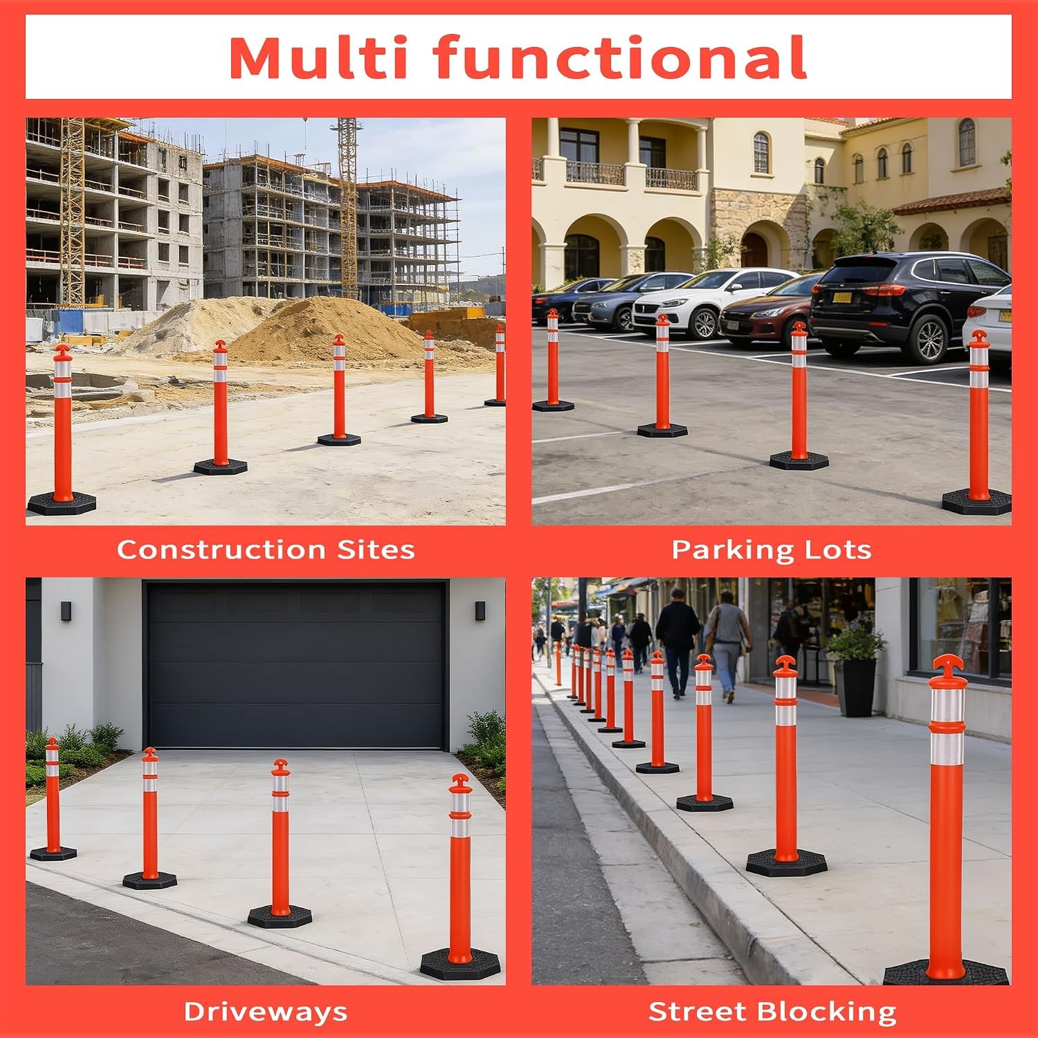 6Pack 42 Inch Delineator Post with Base, Portable Orange Traffic Delineator Post