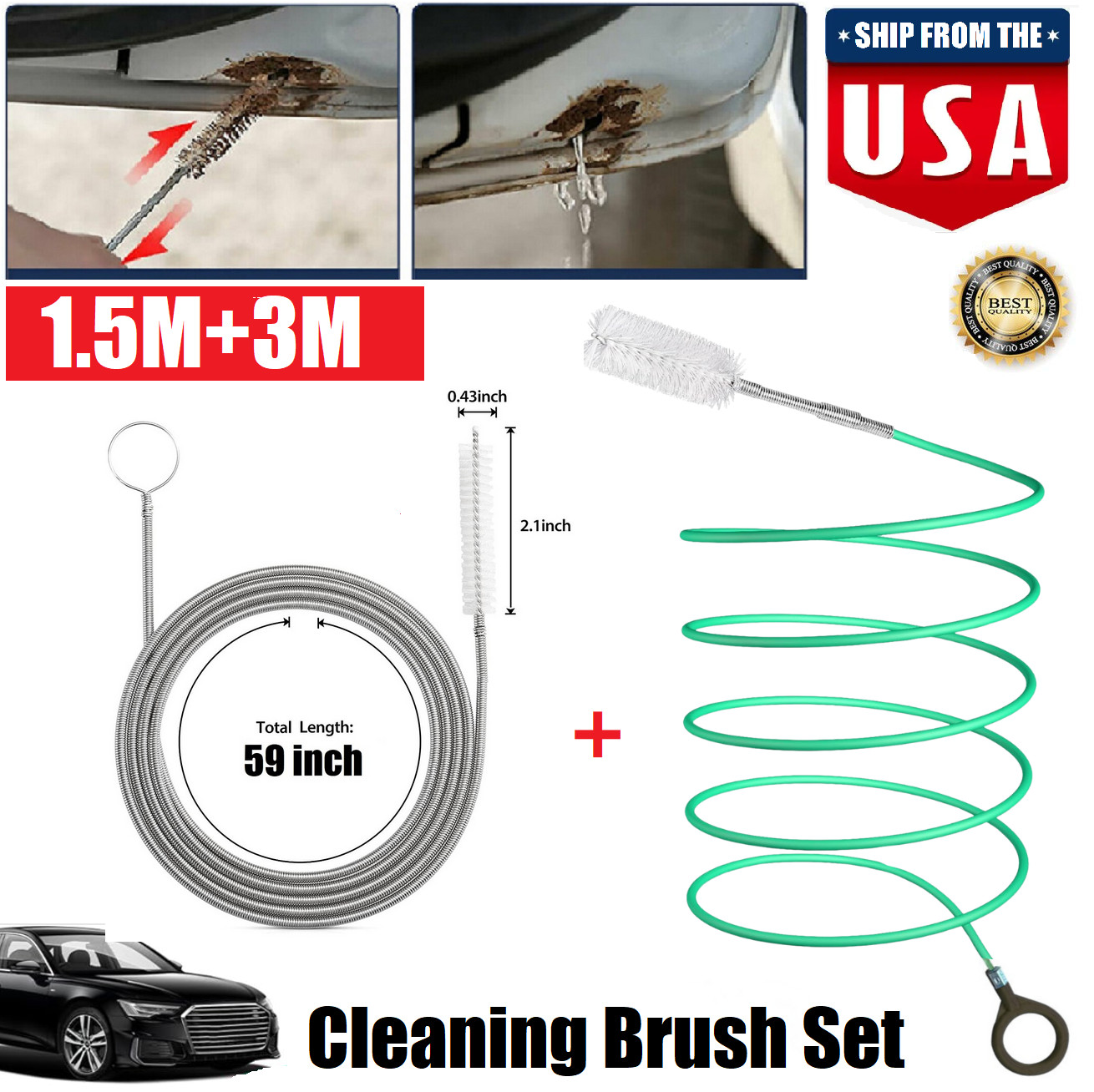 2× Car Drain Dredge Sunroof Cleaning Brush Tool Clean Auto Accessories 9.8Ft USA