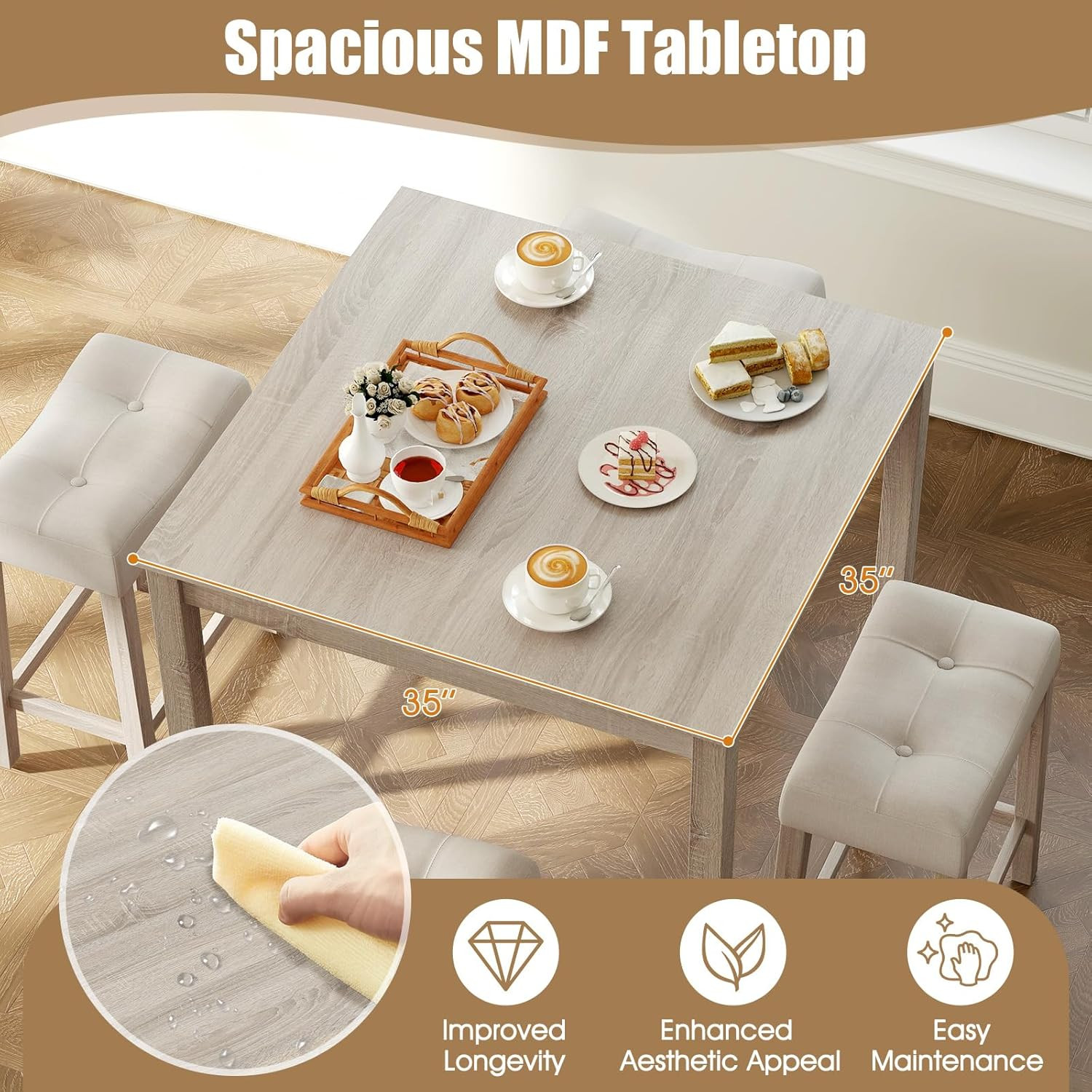 5-Piece Space-Saving Bar Table Set with Padded Stools for Small Spaces
