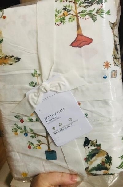Pottery Barn Festive Cats Sheet Set Queen Organic Cotton Christmas Holiday 4p