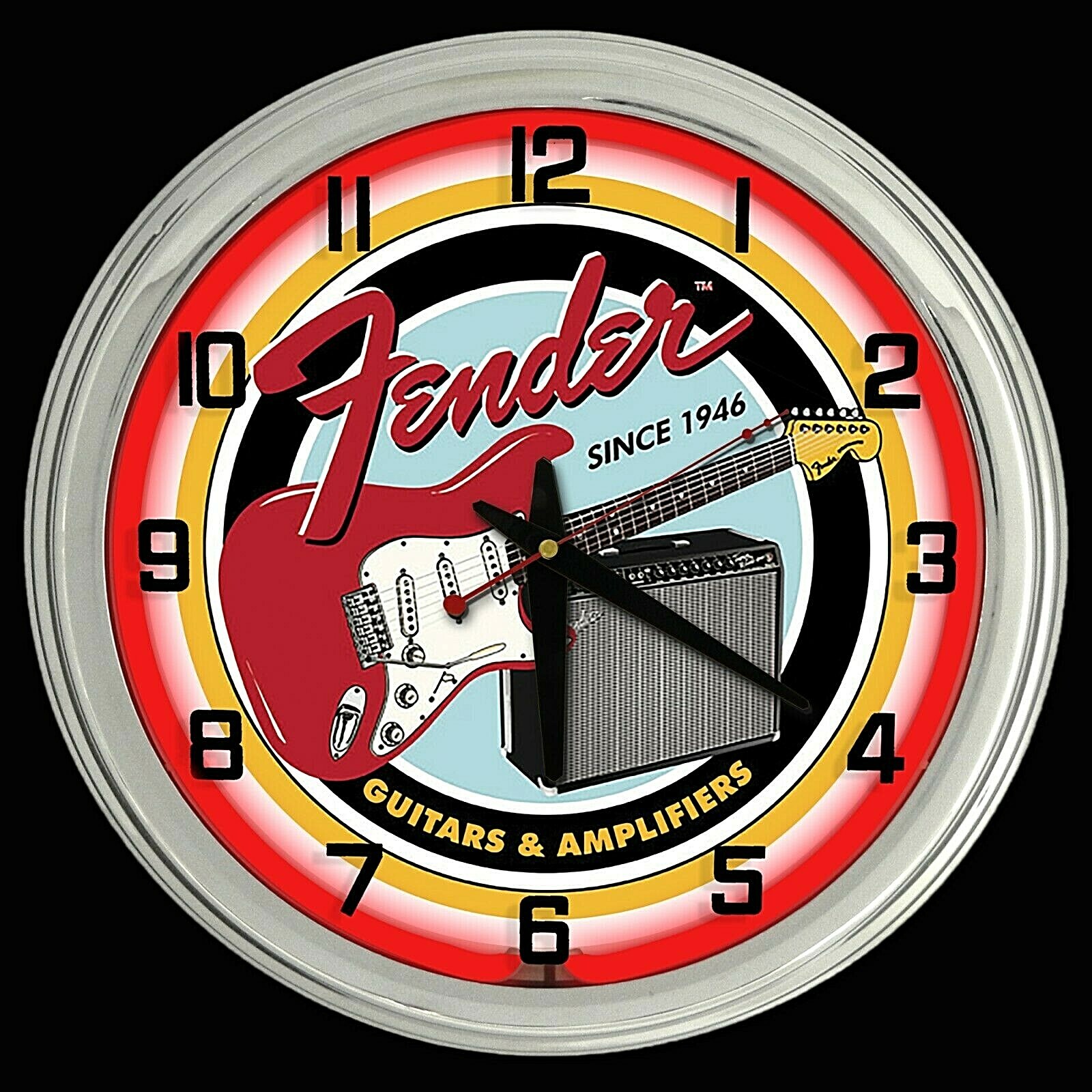 16" FENDER GUITAR Metal Sign Red Neon Wall Clock Amplifier Music Studio