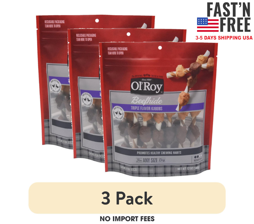 (3 pack) Ol' Roy Beef hide Triple Flavor Kabobs Dry Dog Chews, 12 oz