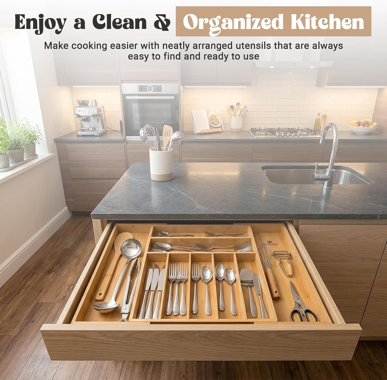Expandable Bamboo Drawer Organizer for Kitchen Utensils - Adjustable Silverware