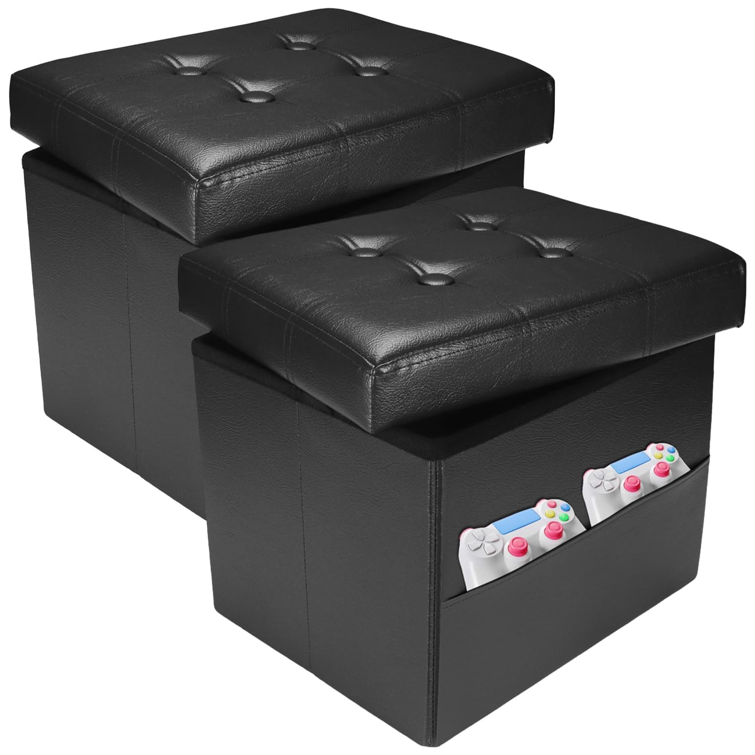 2PC Ottoman with Storage Foot Stool, 17 Inches Folding Storage Ottomans, Leat...
