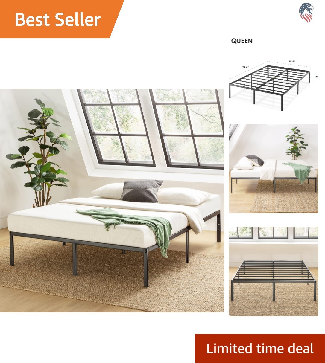 Queen 14 Inch Metal Platform Bed Frame No Box Spring Steel Slat Black