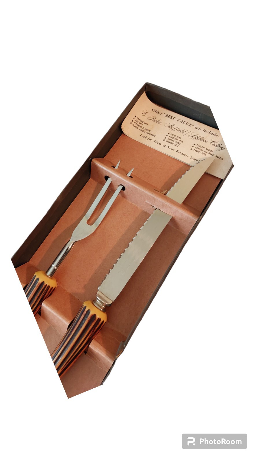 Vtg Sheffield Stainless Steel Carving Set With BakeLite Faux Antler Handles