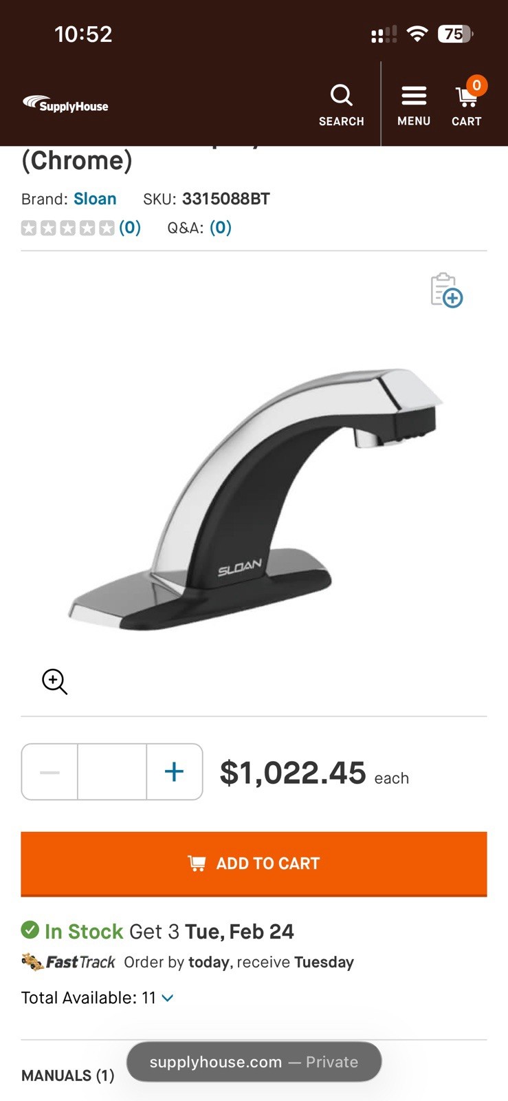 Sloan Optima Plus EBF 187-4 Battery Operated Sensor Faucet Chrome Deck Mounted