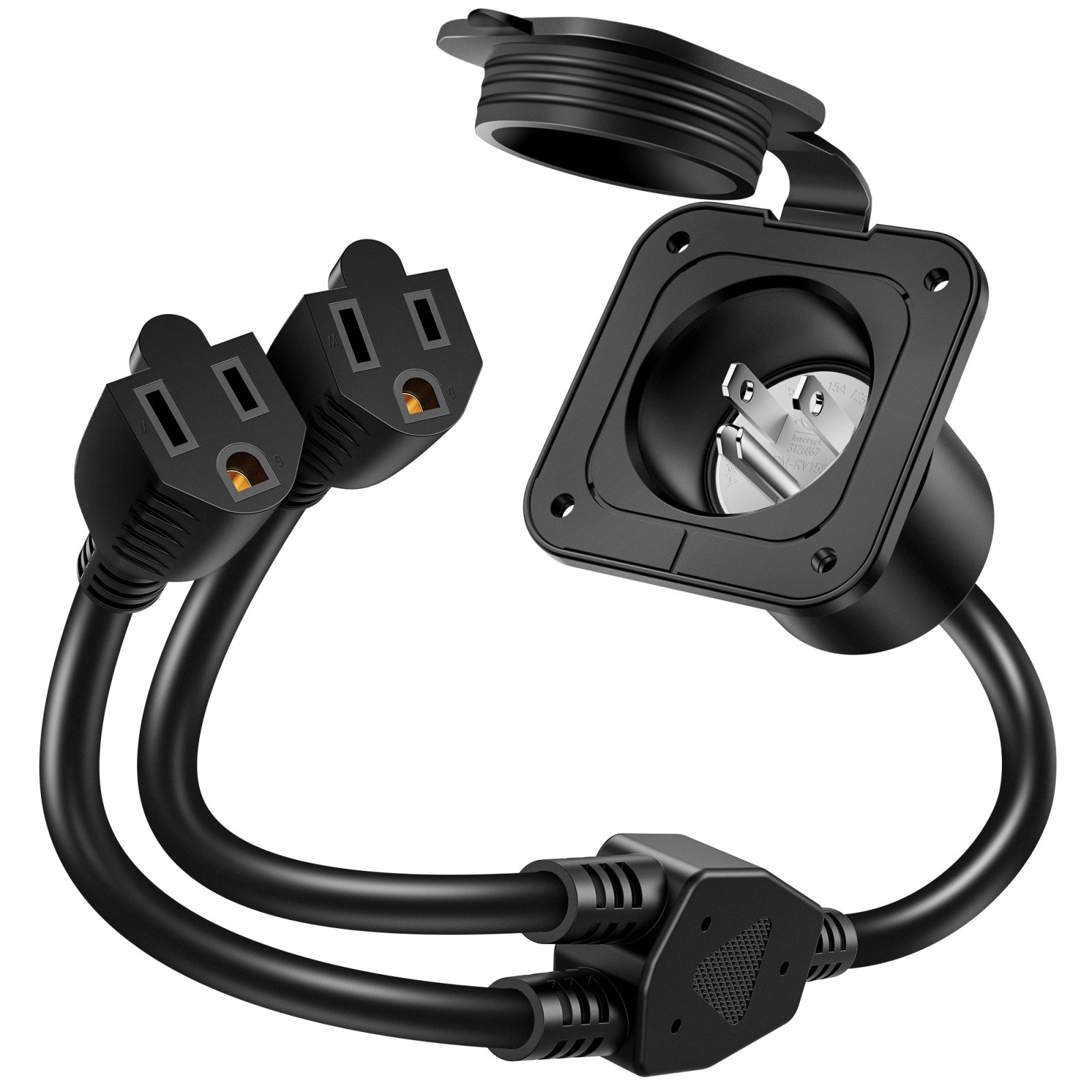 15Amp AC Port Plug Shore Power Inlet w/Dual 18" Extension Cords Y Splitter Cable