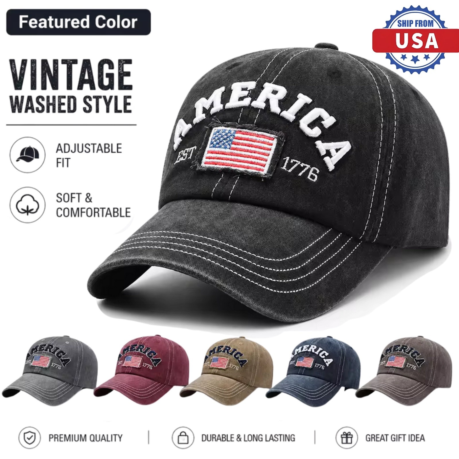 America EST 1776 3D Embroidered Baseball Cap Patriotic Hat Fourth of July Gift