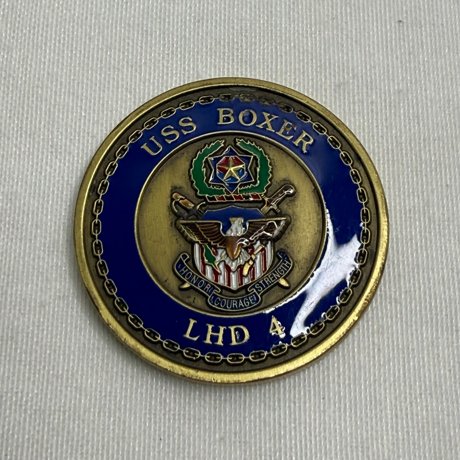 USS Boxer LHD 4 Challenge Coin US Navy Wasp Class Amphibious Assault Ship VTG