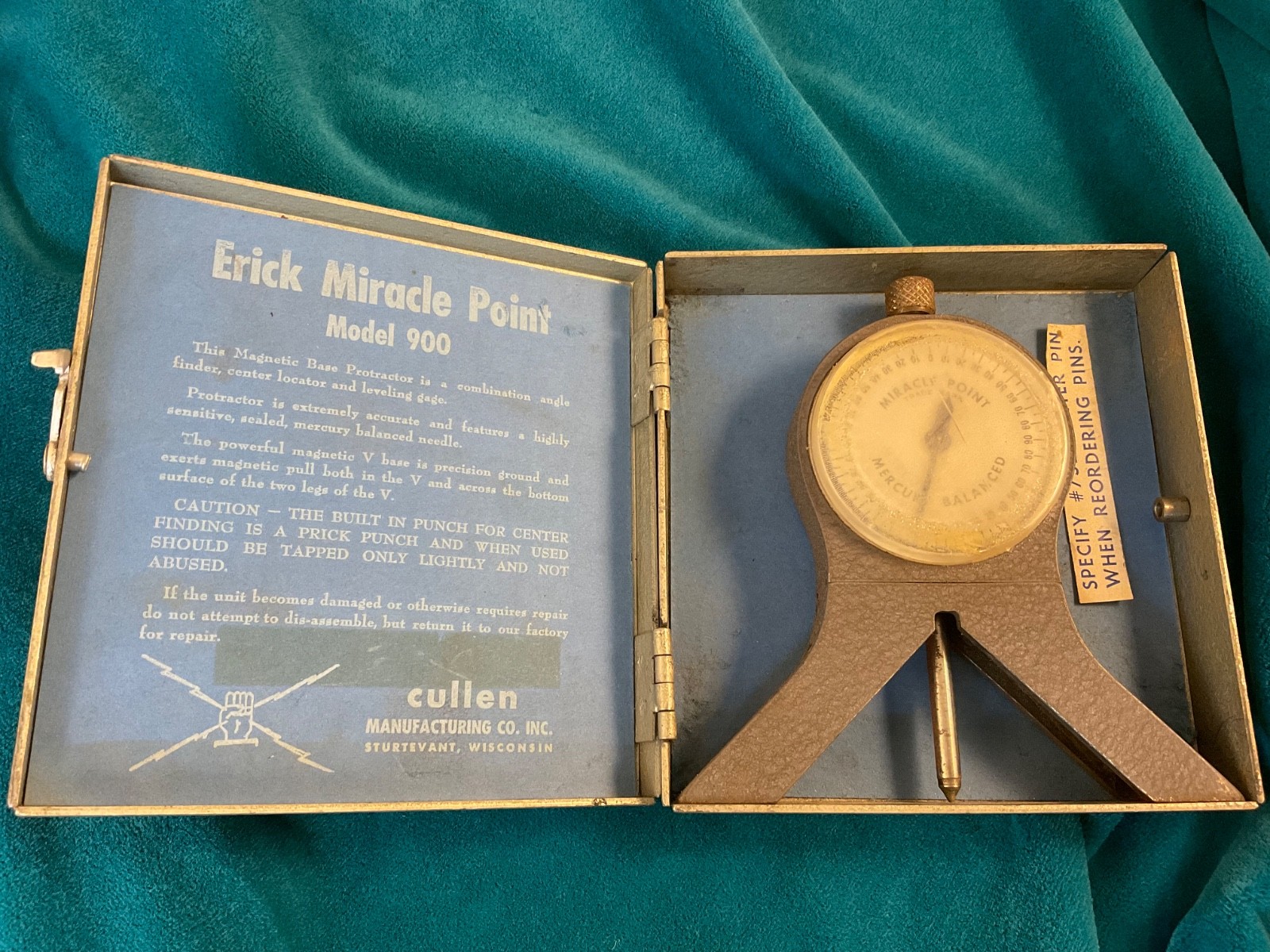 Erick Miracle Point Model 900 Magnetic Base Protractor in Metal Case