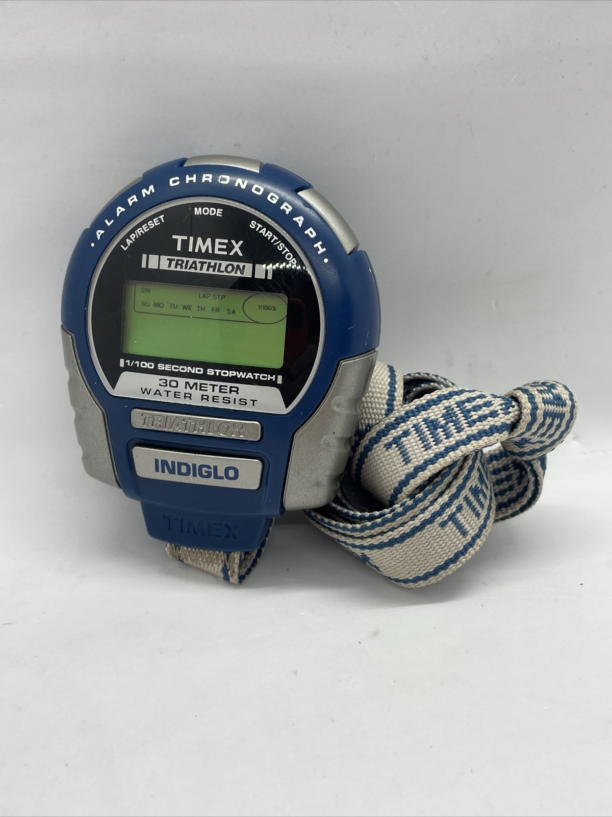 Timex Triathlon Stopwatch Water Resistant Alarm Chronograph Indiglo  1/100 Sec