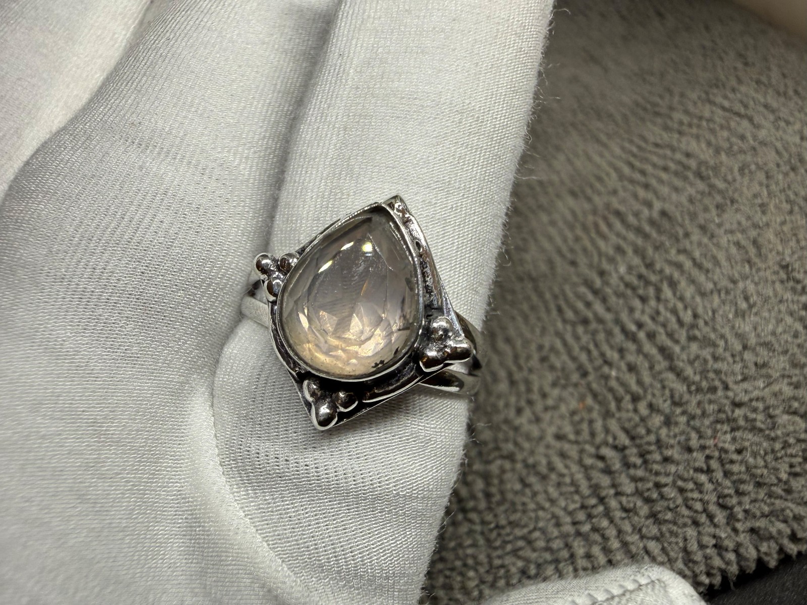 Solid 925 Sterling Silver Large Rose Quartz Teardrop Cabochon Boho Handmade Ring