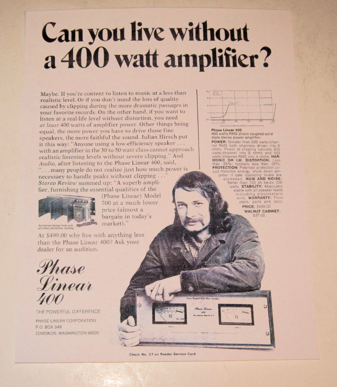 Phase Linear 400 Amplifier Ad, 1 pg, 1975, Article, Specs, Bob Carver Design