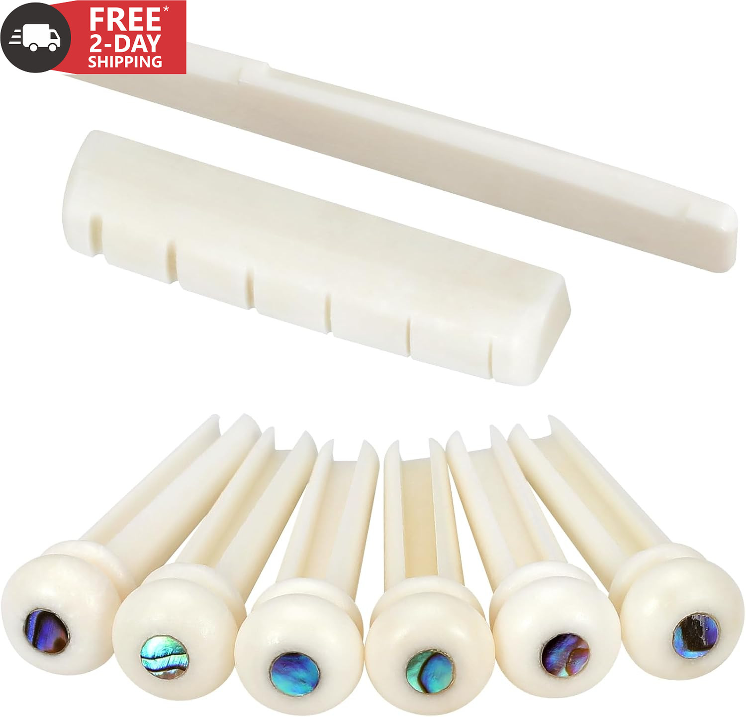 Blisstime 6 String Acoustic Guitar Bone Bridge Saddle and Nut and 6Pcs Guitar Bo