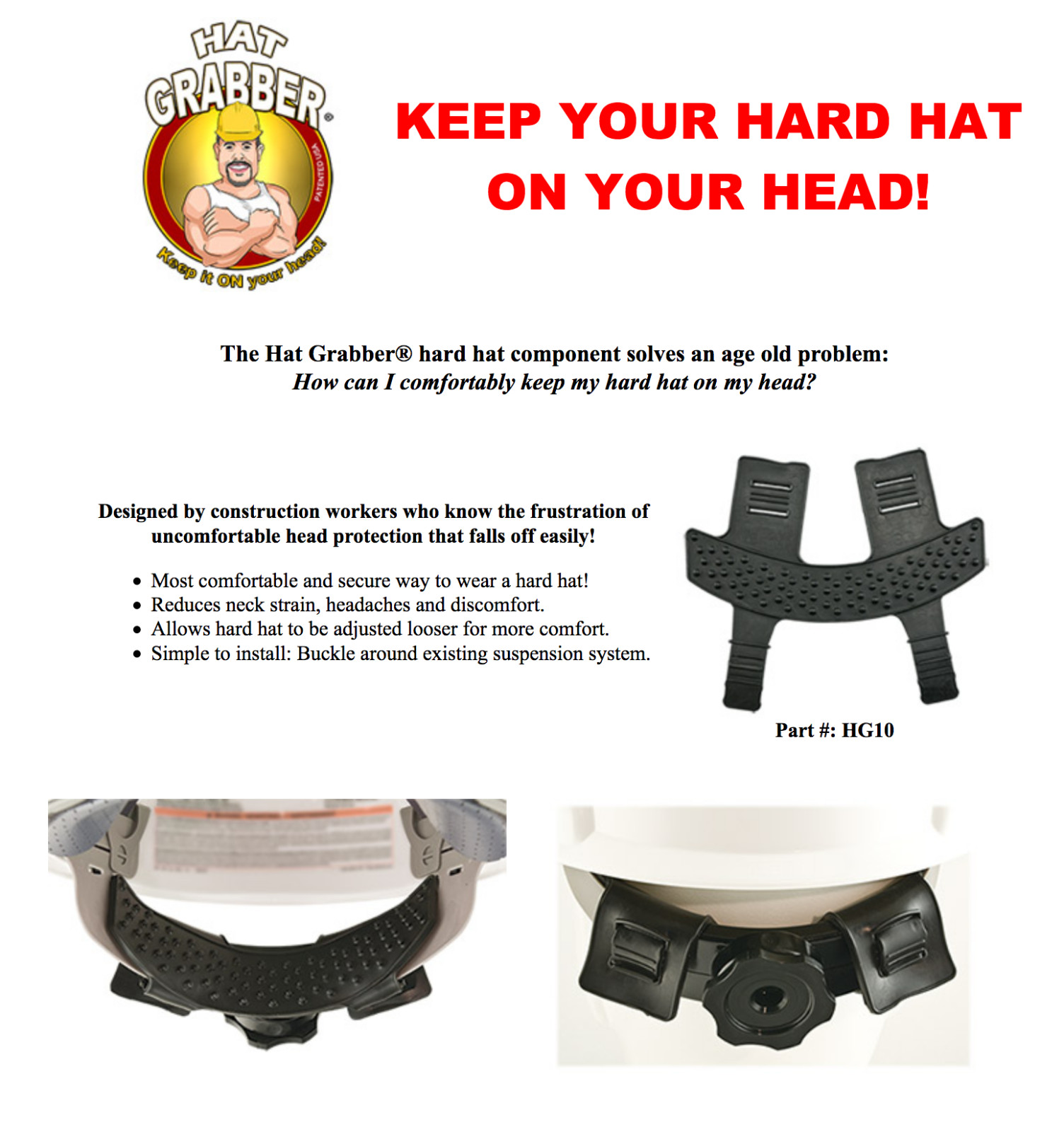 Hard Hat Grabber; Keeps it on Your Head; Comfortable & Easy to Install; NEW ITEM