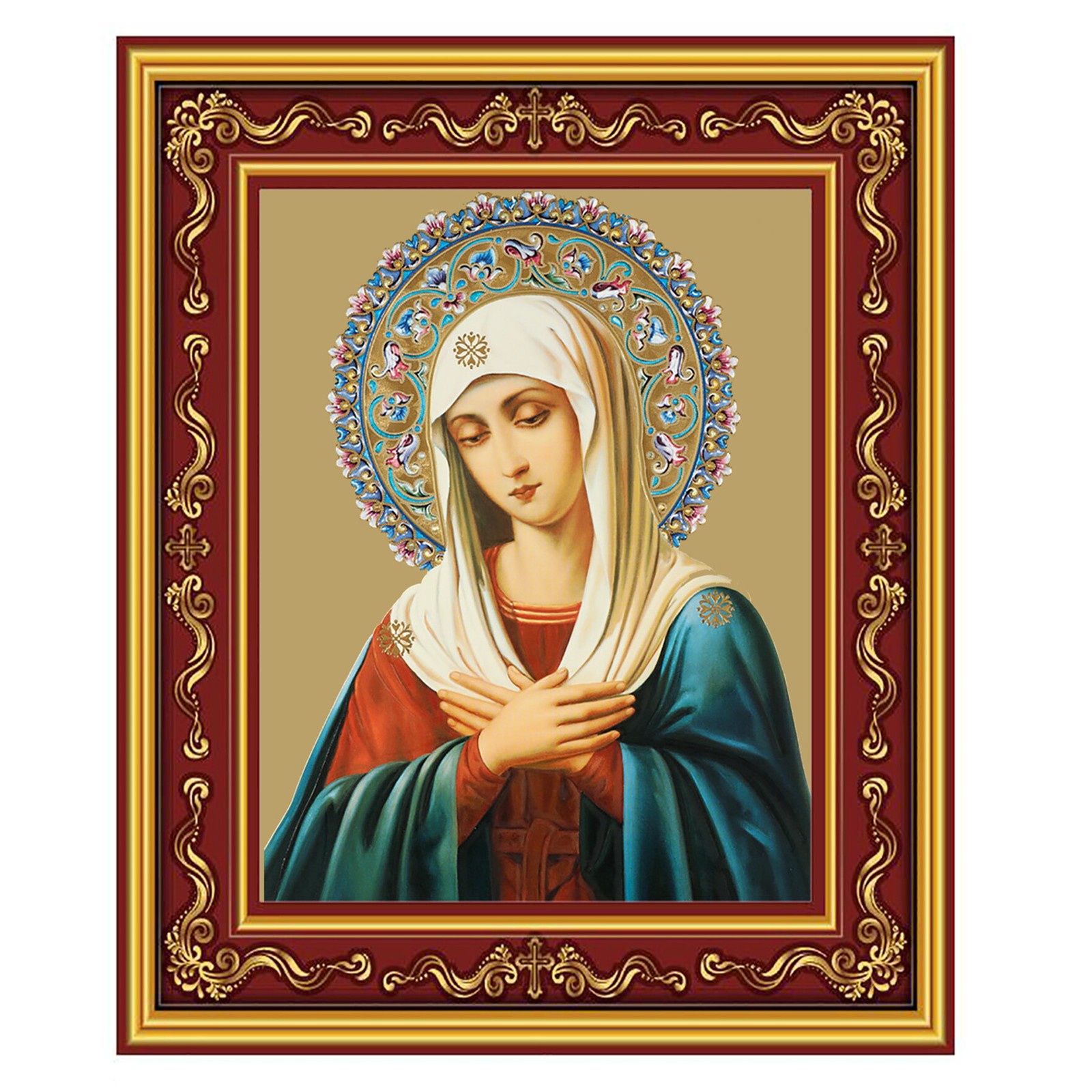 Virgin Extreme Humility Gold Foil Icon Burgundy Frame Crosses Stand 5.5"