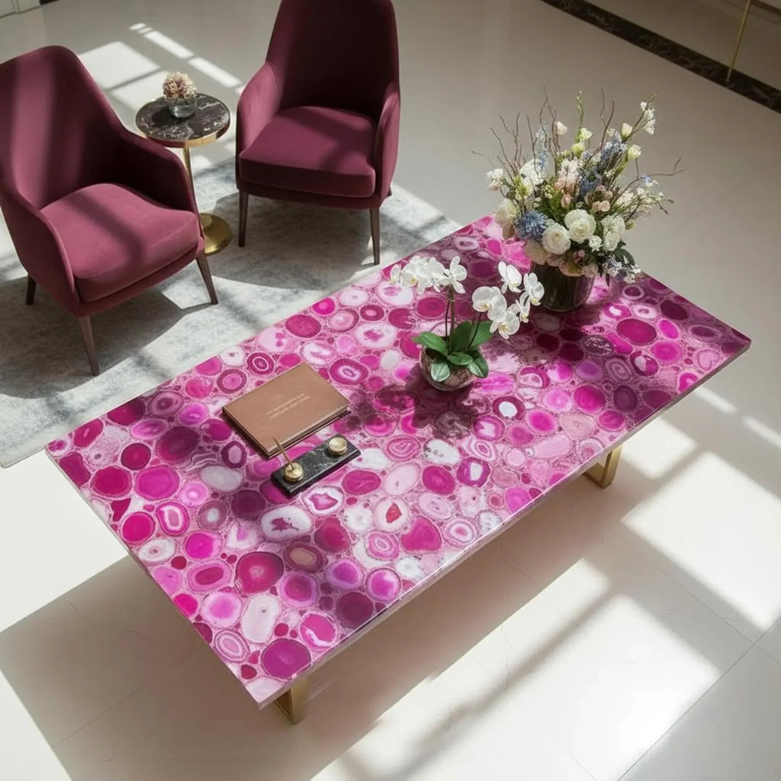 Pink Agate Dining Table Top | Natural Agate Stone Table Top | Luxury Crystal Top