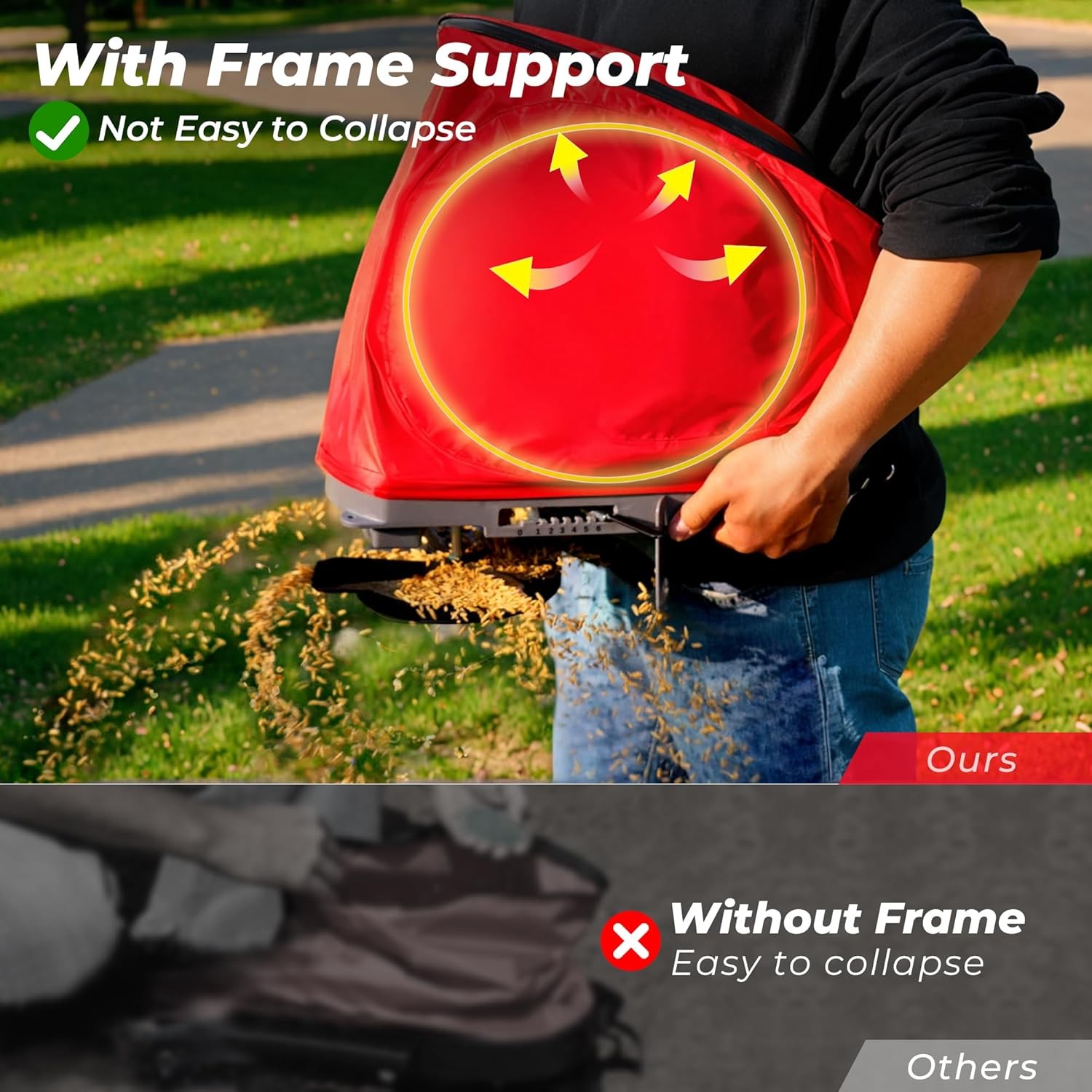 Handheld Seed Spreader with 25lb Bag Frame Support Flow Control Enclosed Gear
