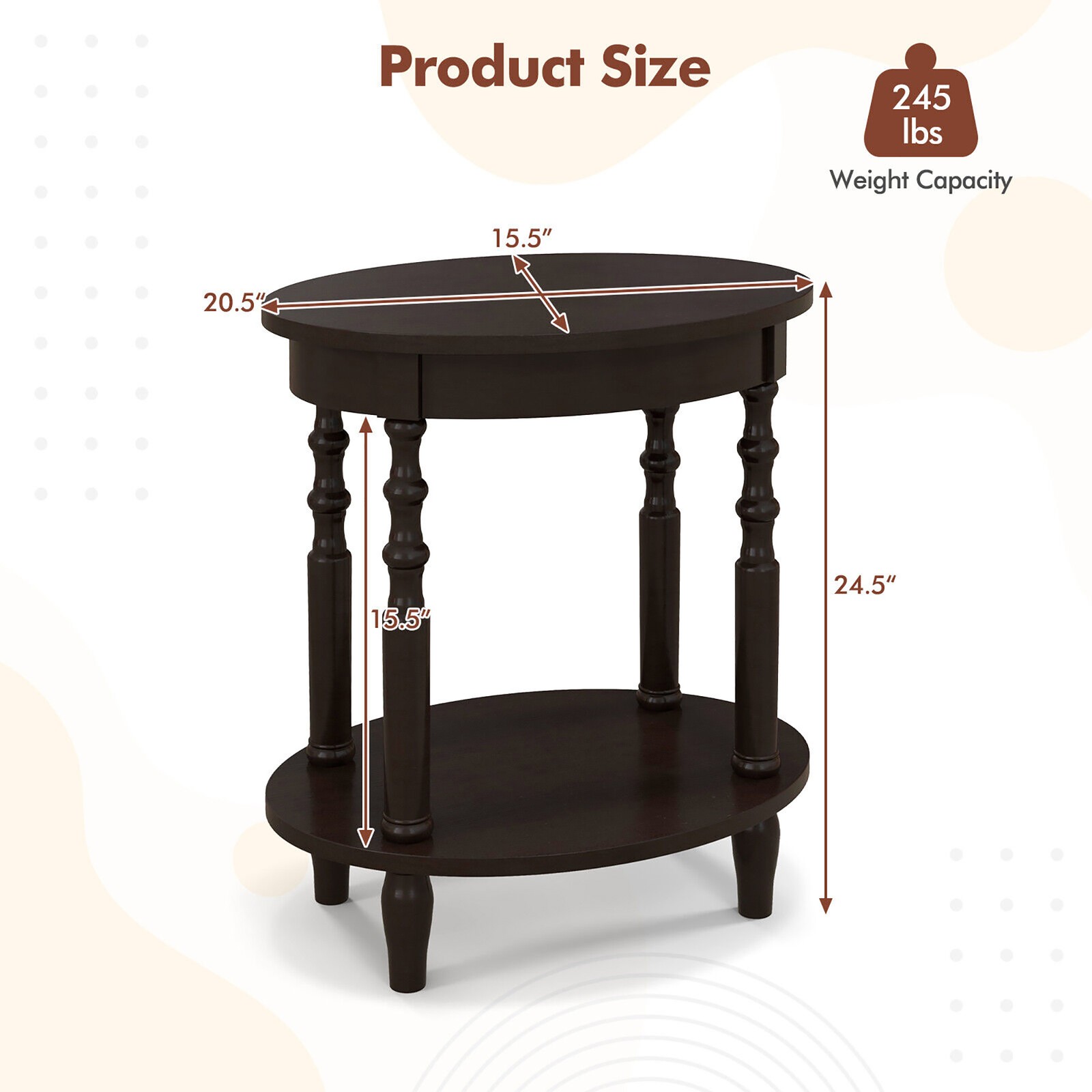 2 PCS 2-Tier End Table Oval Compact Sofa Side Nightstand w/ Storage Shelf